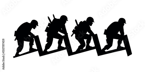 Detailed crouching army figure silhouette, representing discipline, cover tactics, and battlefield realism. Perfect for use in tactical branding or war-themed art.