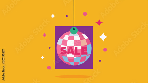 Disco Tag A shiny discothemed price tag boogieing under a disco ball surrounded by swirling lights and SALE signs dancing in rhythm.
