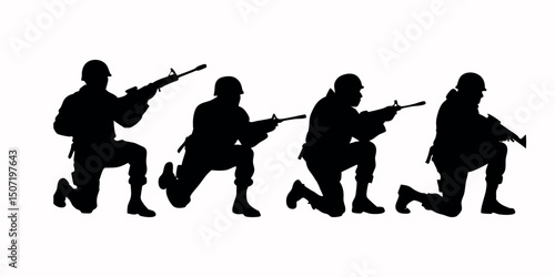 Detailed crouching army figure silhouette, representing discipline, cover tactics, and battlefield realism. Perfect for use in tactical branding or war-themed art.