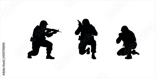 Detailed crouching army figure silhouette, representing discipline, cover tactics, and battlefield realism. Perfect for use in tactical branding or war-themed art.
