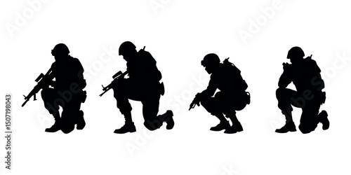 Detailed crouching army figure silhouette, representing discipline, cover tactics, and battlefield realism. Perfect for use in tactical branding or war-themed art.