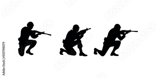 Detailed crouching army figure silhouette, representing discipline, cover tactics, and battlefield realism. Perfect for use in tactical branding or war-themed art.