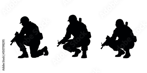 Detailed crouching army figure silhouette, representing discipline, cover tactics, and battlefield realism. Perfect for use in tactical branding or war-themed art.