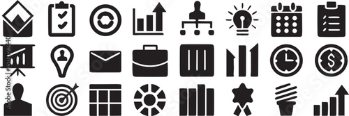 Isolated Project Management Icons, Productivity Symbol Set, Modern Editable Black Stroke, Line Art Style, Task Planning, Workflow Tools, Business Strategy, Schedule Icons, Minimal Vector Design