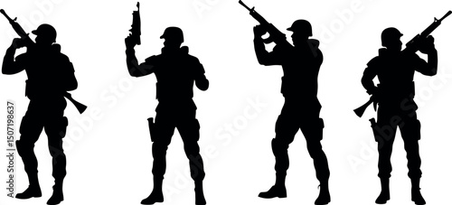 Detailed crouching army figure silhouette, representing discipline, cover tactics, and battlefield realism. Perfect for use in tactical branding or war-themed art.