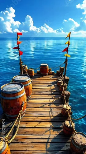 Wooden Pier with Barrels and Colorful Flags Over Clear Blue Ocean