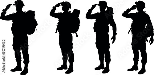 A powerful silhouette of a soldier saluting, symbolizing honor, respect, and patriotism. Perfect for Veterans Day, Memorial Day, and military tribute designs.