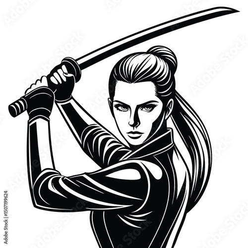 Warrior woman with katana sword graphic illustration action heroine anime manga style bold design.