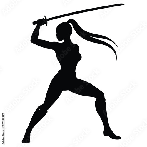 Silhouette of female warrior with sword in attack pose ready for battle.