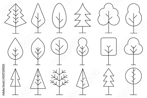Thin line icon set of trees in various shapes. Forest, nature, tree concept. Simple icons, Tree and Forest Outline Style Icon.