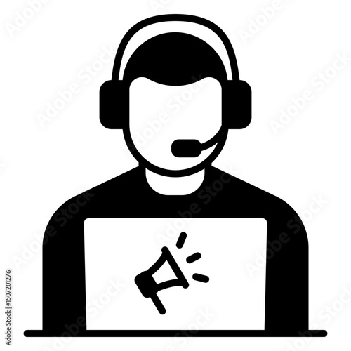Customer service agent wearing headset with megaphone icon on screen