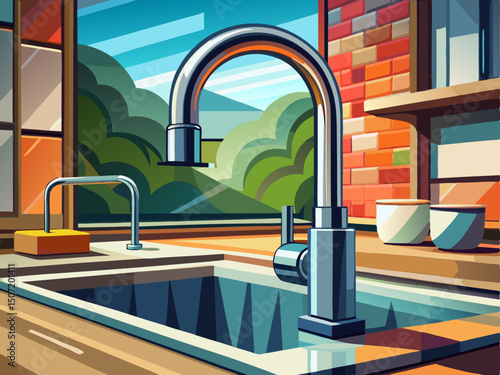 A professional vector of a modern kitchen faucet with curved spout and clean design, placed alone