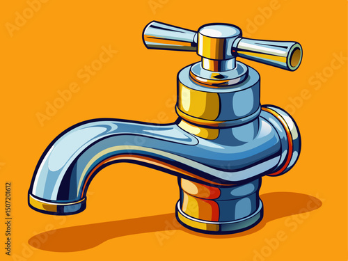 A detailed vector of a chrome push-style water tap, compact and functional, placed alone