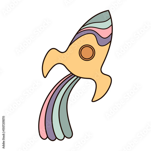 Retro groovy rocket clipart, cute space transport, hand drawn vector illustration in flat style.	
