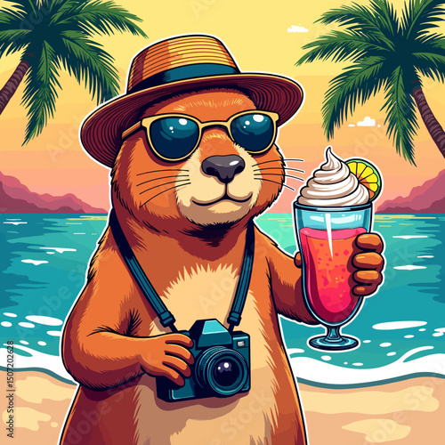 Capybara holding a cocktail while wearing sunglasses on a beach  