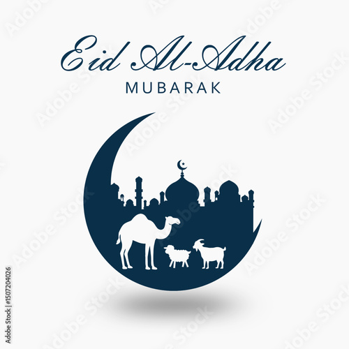 Beautiful Eid al-Adha Mubarak Vector Art with Mosque, Crescent Moon, Goat and Camel Silhouette – Festive Islamic Design for Web, Print, and Social Media Use