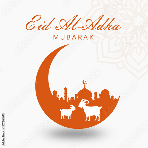 Eid al-Adha Mubarak Vector Composition with Crescent Moon, Mosque Background, Sacrificial Goat and Camel – Islamic Festival Art for Seasonal Greeting and Branding