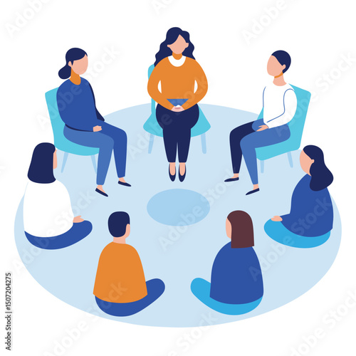 Group therapy session with people sitting in circle and discussing issues together.