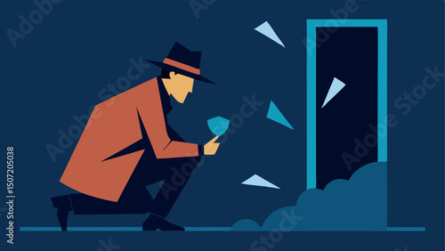 Detective Profile A side view of a detective in a trench coat and fedora crouching near a broken window holding a magnifying glass and examining glass shards.