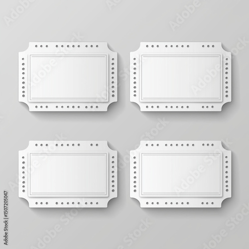 Collection of white perforated ticket templates, isolated on soft background, suitable for giveaways and invitations.