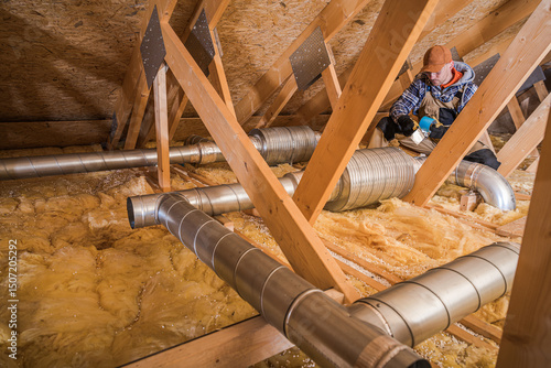 Attic Worker Repairing Ventilation System in a Residential Building During Winter Season