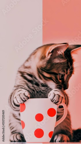 minimalist kitten mug design,Cute kitten with polka dot mug, cute kitten posing behind red dot cup, cute kitten and mug on colorful background,pop art pet photography, cute animal product mockup,