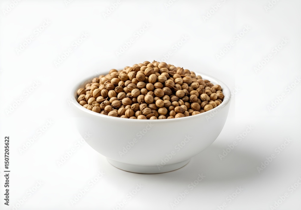 coriander seeds in a white bowl isolated on a white background coriander seeds in a white bowl isolated on a white background