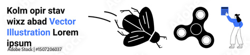Black insect in motion, fidget spinner, person with book in hand, random text arrangement. Ideal for education, design, creativity, hobbies, modern concepts leisure activities simple landing page