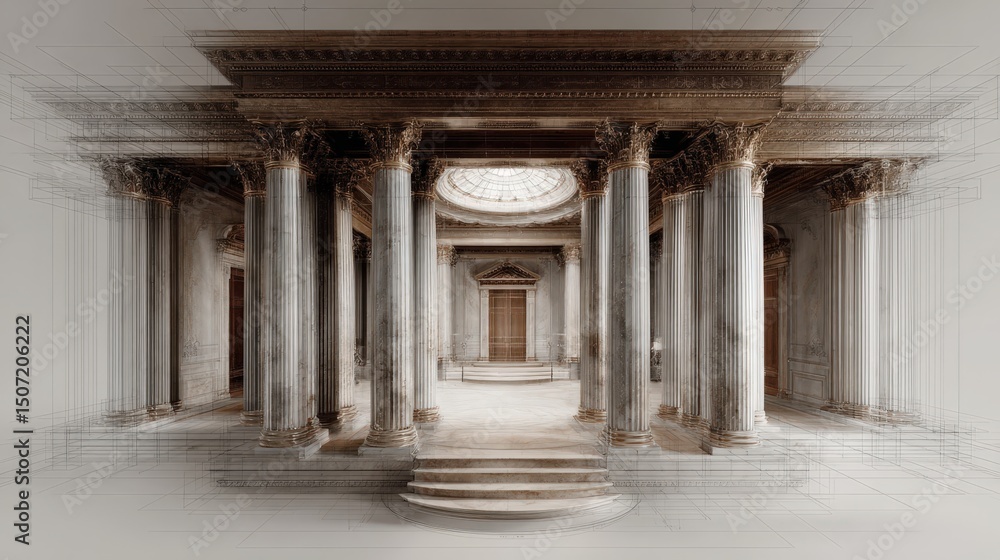 Fototapeta premium An elegant interior space featuring grand columns and a domed ceiling, showcasing classic architectural beauty.