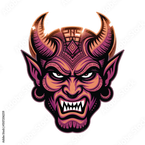Vibrant Tribal Demon Head Logo Psychedelic Horned Mask Art
