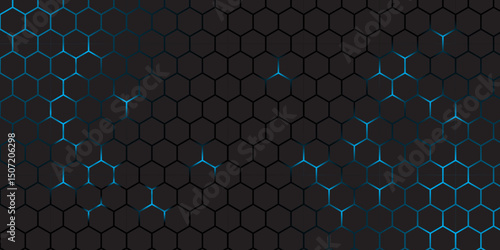 Abstract Futuristic Hexagon Grid Background in Blue and Black. Abstract Tech Honeycomb Pattern with technology Glow Effect. 