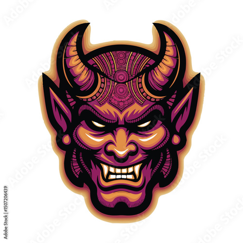 Vibrant Tribal Demon Head Logo Psychedelic Horned Mask Art
