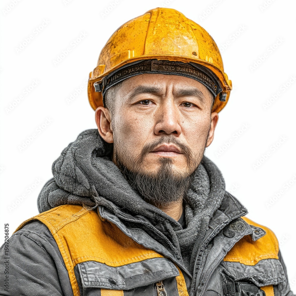Close-up of confident asian engineer in helmet professional photography against white background Close-up of confident asian engineer in helmet professional photography against white background