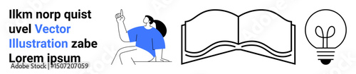 Woman sitting cross-legged pointing upward, open book symbolizing knowledge, and light bulb representing ideas. Ideal for education, creativity, learning, research, brainstorming, innovation simple