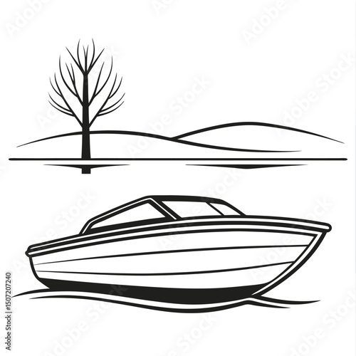 Minimalist black and white vector illustration of motorboat sailing on lake near bare tree.