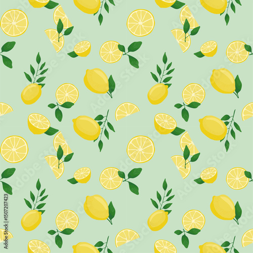 Lemon and leaves vector seamless pattern illustration