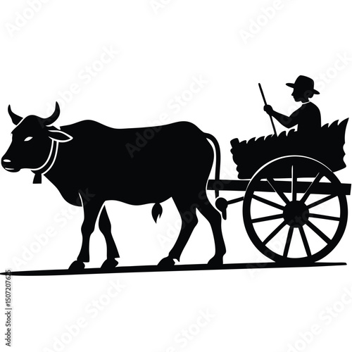 Silhouette of a farmer riding a bullock cart traditional agricultural transportation method.