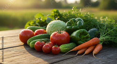 Fresh Organic Vegetables Arranged on Rustic Wooden Table at Sunset