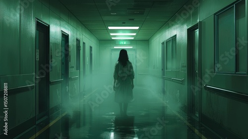 Woman Walking Alone in Spooky Hospital Hallway with Eerie Green Glow