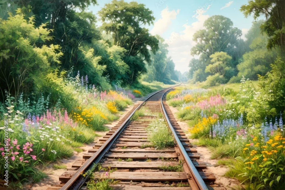Fototapeta premium Along old railway tracks, summer flowers and grasses bloom freely in the late afternoon sun