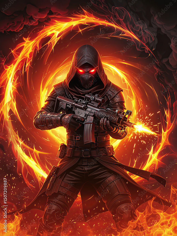 Fototapeta premium A digital painting of a hooded soldier firing a rifle amidst swirling flames, perfect for game assets, fantasy art, or military themes.