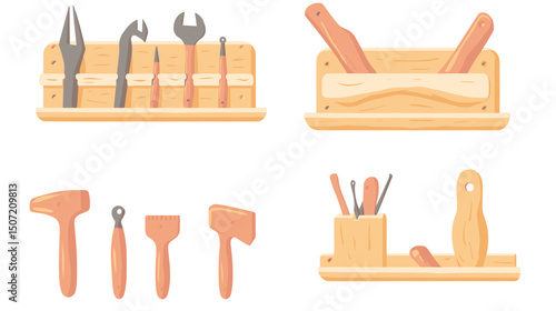 Organized Wooden Workshop Tools Set with Hammers Wrenches and Chisels in Beige Pixel Art Style