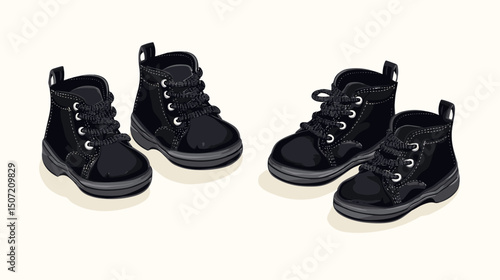 Pair of Black Pixel Art Boots in Retro Style Isolated on Beige Background