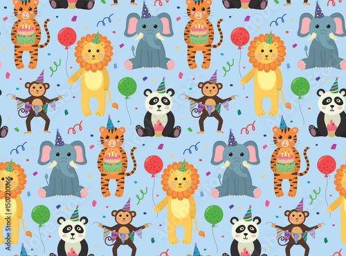 Seamless pattern with birthday animals, balloons and confetti. Cute background with party characters and festive elements