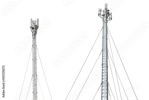 New telecommunication antenna on background of blue sky. Satellite dish telecom network at communication technology network. Telecom broadcasting tower. Modern cell tower 5G, 6G