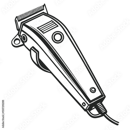 Vintage electric hair clipper illustration black and white barber tool graphic element.