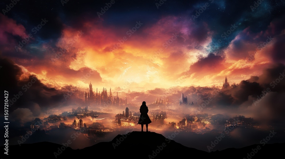A lone figure stands on a hill, overlooking a glowing, futuristic city beneath a dramatic, colorful sky at sunset. A lone figure stands on a hill, overlooking a glowing, futuristic city beneath a dramatic, colorful sky at sunset.
