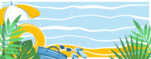 Tropical summer banner with space to add text. Beach accessories, sunglasses, beach bag, umbrella. Tourism concept, travel and adventure, vacation. Vector illustration for poster, cover, sales
