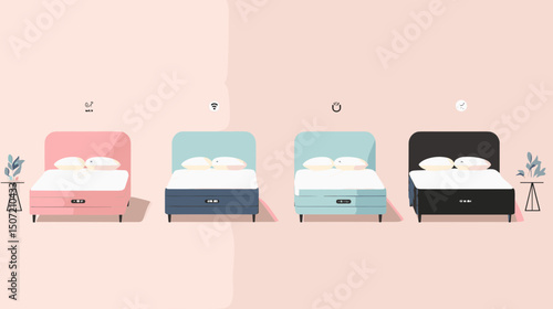 Pixel Art Displaying Four Modern Beds With Pastel Colors and Simple Nightstands Featuring Indoor Plants on a Light Pink Background