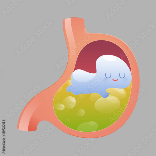 Cartoon image of liquid medicine easing acid reflux or reducing stomach acid.